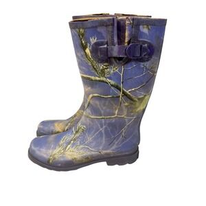 Realtree Purple Camo Rain Boots Womens Size 7 Rubber Waterproof Tall Buckle Lug